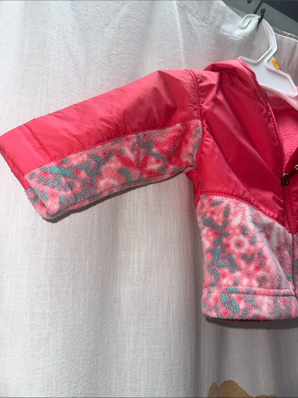 Columbia Pink Hooded Puffer Jacket with Patterned Panels